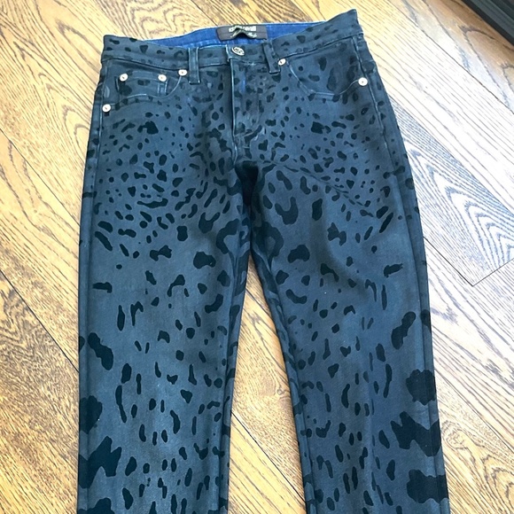 Robert Cavalli Black Leopard Print coated finish straight leg jean - Picture 2 of 8